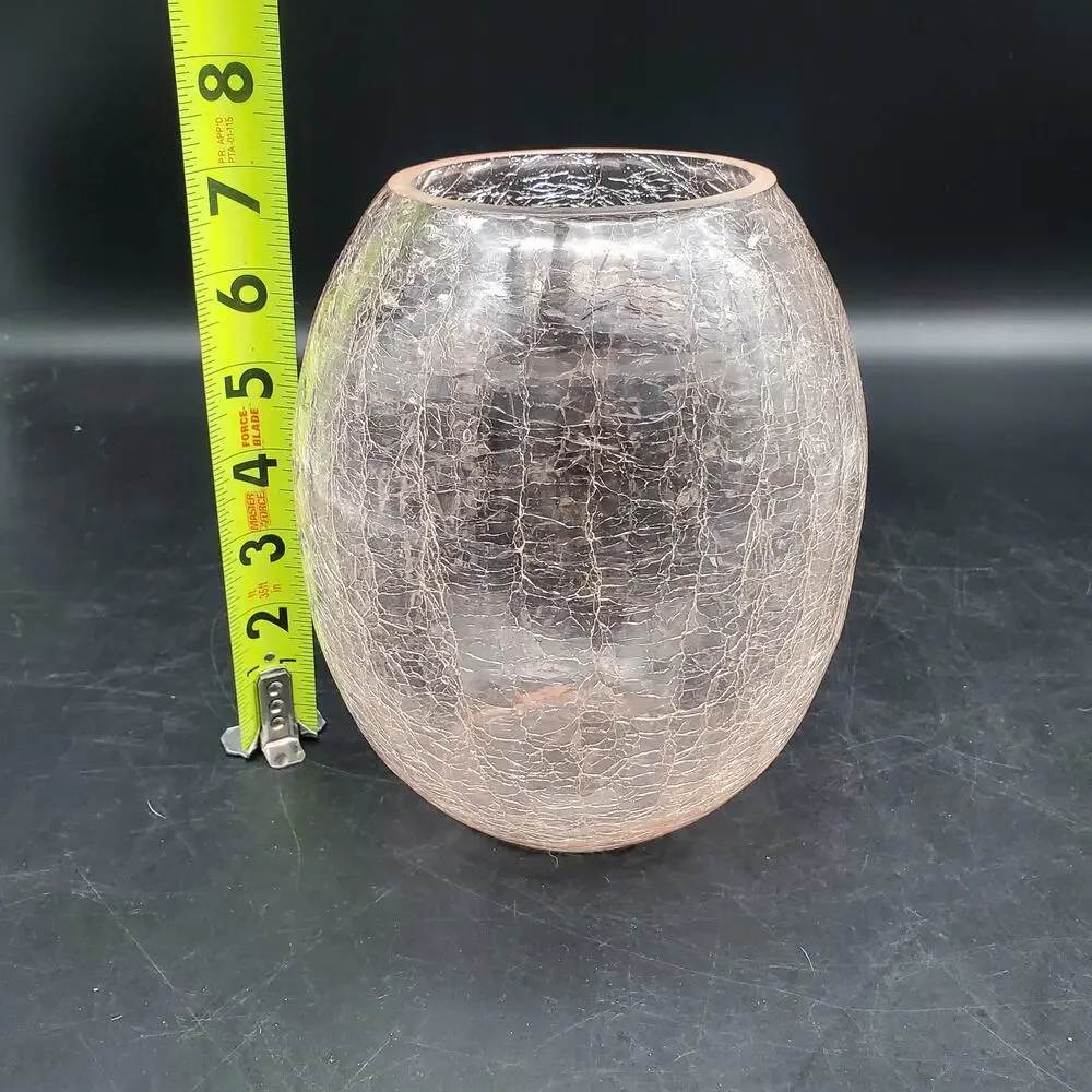 Vintage Light Pink Crackle Glass Vase Hand Blown Art Glass Rounded